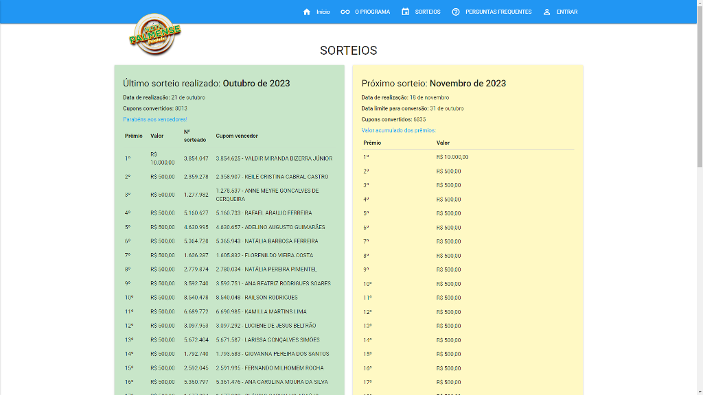 PREFEITURA DIVULGA LISTA DOS CONTEMPLADOS DO PROGRAMA NOTA PALMENSE PREMIADA DE OUTUBRO