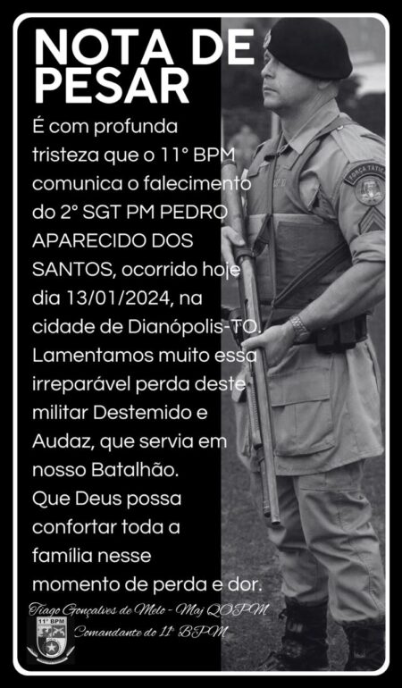 POLICIA MILITAR DO TOCANTINS EMITE NOTA DE PESAR PELO FALECIMENTO DO 2° SGT PEDRO APARECIDO DOS SANTOS